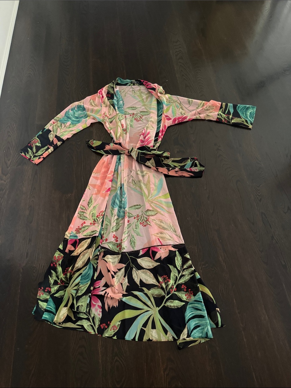 PatBO Tropical Floral Wrap Maxi Coverup in Pink and Black